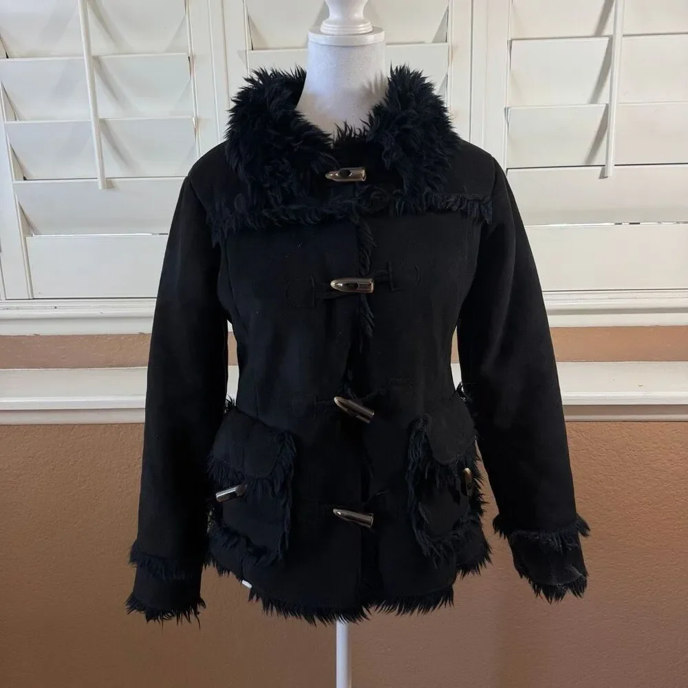 Vintage Gap Kids Faux Fur Lined Suede Coat Black Sz 12/16 Adult S 90s Grunge Alt